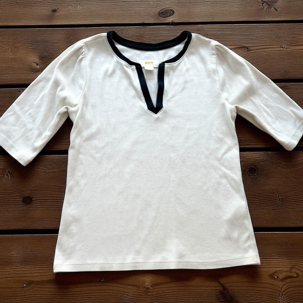 Maeve by Anthropologie ribbed cotton top with V plunge and elbow length sleeves